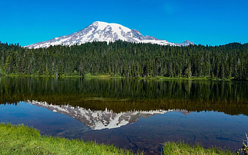 Mt Rainier and Reflection Lake, Mount Rainier National Park, Washington, reflection, trees, sky, forest, water, usa HD wallpaper