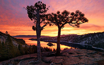 Emerald Bay, Lake Tahoe, from Elk Falls, california, landscape, usa, reflection, trees, clouds, sky, water, sunset HD wallpaper