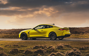 BMW M4, 2021, yellow coupe, side view, new yellow yellow, coupe, M4 Competition, German cars, BMW HD wallpaper