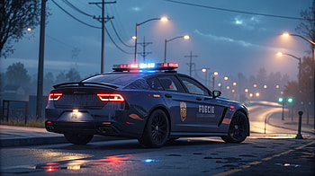 of a Police Car on a Rainy Night, police car, nighttime, city street, law enforcement HD wallpaper