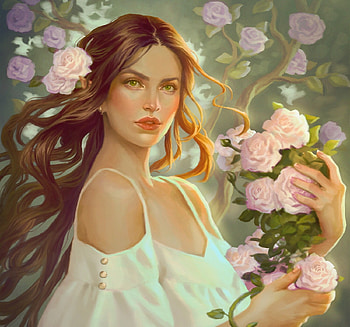 The pink roses, pink, art, poliane almeida, rose, fantasy, girl HD wallpaper