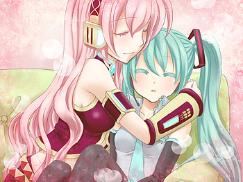 Miku & Luka, sexy, blue eyes, hatsune miku, cute, blue hair, vocaloid, pink hair, long hair, anime, twintails, megurine luka, girls HD wallpaper