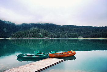 Lake, nature, pier, trees, boat HD wallpaper