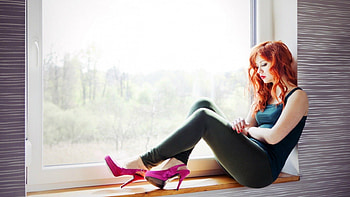 Redheaded woman in the window, other, technology, models female, people HD wallpaper