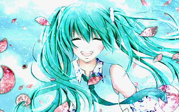 Hatsune Miku, glow, awesome, uniform, artistic, nice, digital, cg, petals, hatsune, aqua eyes, happy, white, art, smile, twintail, girl, singer, aqua, anime girl, anime, pretty, light, virtual, blue, black, song, cute, vocaloid, beauty, miku, music, vocaloids, sparkle, program, beautiful, diva, tie, pink, aqua hair, cool, clouds, sky, flowers, idol HD wallpaper