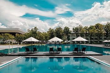 Explore a luxurious resort poolside with umbrellas and lounge chairs under a bright sky, perfect for summer vacations. HD wallpaper