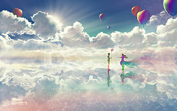 Romantic couple, chome, man, girl, lovers, reflection, fantasy, couple, balloon, romantic, luminos, water, c home, cloud HD wallpaper