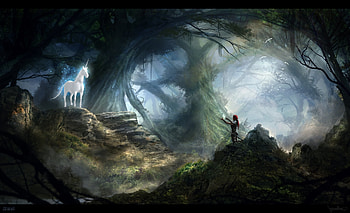 Unicorn adoration, fantasy, art, daniel ljunggren, unicorn, girl, luminos HD wallpaper