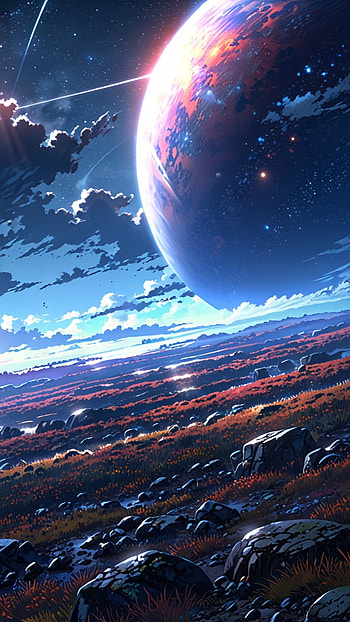 a rugged planet with vast and colorful moon in bloomy night sky, Anime, Art Abyss, magical HD phone wallpaper