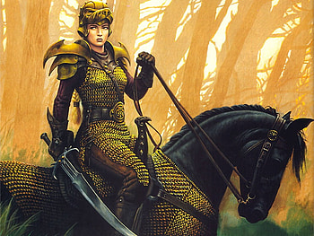 Cavalry, horse, black, sword, armour, oriental, gold, fantasy, warrior, female HD wallpaper