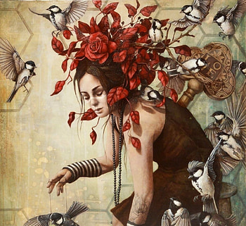 :), painting, bird, art, sophie wilkins, red, pictura, leaf, girl HD wallpaper