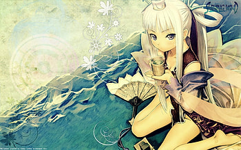 Want Some Tea?, blue, white, kimono, tea, cute, beach, shining wind, rest, anime, water, child, ocean HD wallpaper