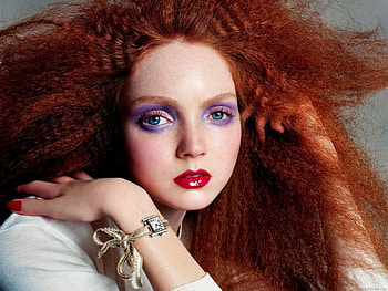 Lily Cole, white, model, girl, actress, woman, purple, pink, make-up, red, redhead HD wallpaper