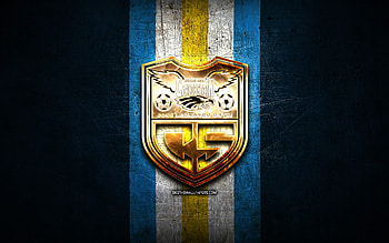 Carlos Stein FC, golden logo, Liga 1 Apertura, blue metal background, football, peruvian football club, FC Carlos Stein logo, soccer, FC Carlos Stein HD wallpaper
