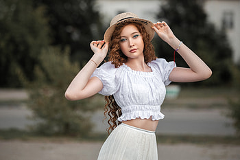 Gorgeous Angelina, redhead, model, blouse, hat HD wallpaper