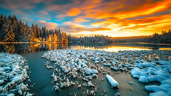 Winter lake in Switzerland, winter, mirror, beautiful, swiss, fiery, tranquil, lake, serenity, Switzerland, reflection, snow, clouds, sky, forest, ice, sunset HD wallpaper