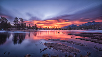 Sprague Lake, Rocky Mountains NP, Colorado, trees, colors, clouds, sky, water, sun, reflections, sunset, usa HD wallpaper