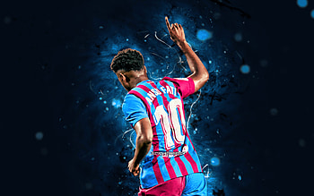 Ansu Fati, , back view, FC Barcelona, spanish footballers, LaLiga, Barca, Barcelona FC, goal, Anssumane Fati Vieira, football, blue neon lights, Ansu Fati , soccer, Ansu Fati Barcelona, La Liga, FCB HD wallpaper