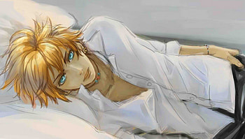 Arcana Famiglia, sexy, blue eyes, lying down, lie, pillow, shirt, anime, boy, blonde hair, anime boy, guy, male HD wallpaper