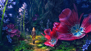 Girl and Giant Flowers, art, girl, beautiful, woman, fairy, scenery, digital, fantasy, pretty, nature, flowers, forest HD wallpaper