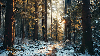 Enchanting Winter Sunrise in Snowy Forest, winter, snowy forest, forest, sunlight, tree HD wallpaper