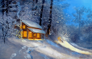 Winter cottage, winter, art, path, house, peaceful, beautiful, serenity, cabin, painting, light, snow, trees, cottage, forest HD wallpaper