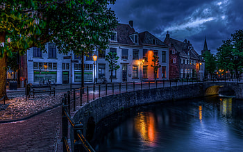 Amersfoort, , dutch cities, water channel, lights, empty street, nightscapes, Europe, Netherlands, Amersfoort at night HD wallpaper