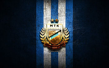 MTK Budapest FC, golden logo, OTP Bank Liga, blue metal background, football, hungarian football club, MTK Budapest logo, Hungary, MTK Budapest HD wallpaper