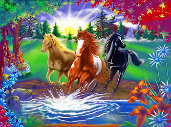 River run, rays, river, colorful, sunlight, morning, sunrise, nice, shore, horses, shine, trees, water, friends, running, run, beautiful, lake, summer, fantasy, pretty, field, light, branches, lovely HD wallpaper