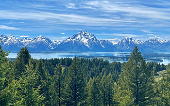 Tetons over Jackson Lake, Wyoming, trees, USA, sky, mountains, clouds HD wallpaper