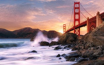 Golden Gate Bridge, evening, sunset, suspension bridge, San Francisco Bay, Golden Gate, San Francisco, USA HD wallpaper