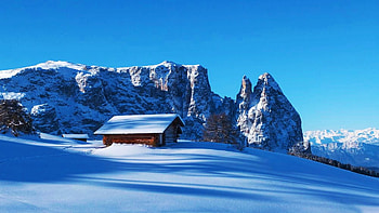 Cabin in the Dolomites, Italy, landscape, sky, alps, mountains, snow HD wallpaper