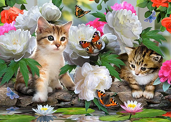 By Howard Robinson, kitten, sweet, animal, art, howard robinson, cat, painting, butterfly, flower, nature HD wallpaper