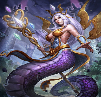 Medusa, long hair, gold, beauty, crown, lady, sankes, abstract, female, golden, white, art, beautiful, woman, purple, fantasy, pretty, white hair, snake tail, lovely HD wallpaper
