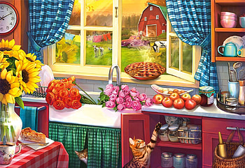 Country Kitchen, apples, barn, painting, window, car, cats, flowers HD wallpaper