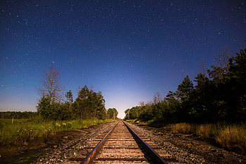 Nature, Trees, Starry Sky, Railway, Direction HD wallpaper