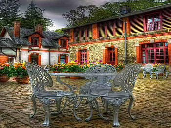 Table for morning coffee, table, morning, tea, house, pleasure, beautiful, chairs, day, coffee, clouds, flowers, sky, terrace HD wallpaper