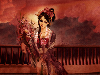 Flower Girl, night, kimono, cute, beauty, nice, rose, flower, water lily, scenic, female, sexy, scene, hot, girl, beautiful, anime girl, anime, pretty, red, lotus HD wallpaper