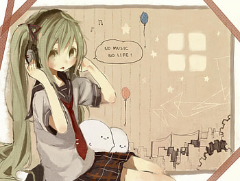 No Music, No Life, awesome, heads, cute, vocaloid, school uniform, beauty, nice, miku, abstract, vocaloids, painting, hatsune, thighhighs, balloon, school, skirt, window, hatsune miku, twintail, blue hair, headset, beautiful, tie, unform, text bubble, anime, pretty, cool HD wallpaper