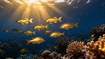 Sunlit School — Underwater graphy, underwater graphy, fish, coral, reef, underwater HD wallpaper