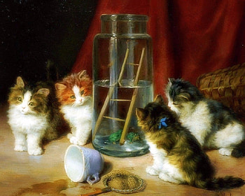 Kittens with a Frog, cats, cute, paintings, frog, kittens, love four seasons, animals, draw and paint, lovely HD wallpaper
