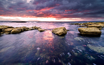 Sunset, sea, colorful, colors, rocks, waves, reflection, clouds, nature, sky, ocean HD wallpaper