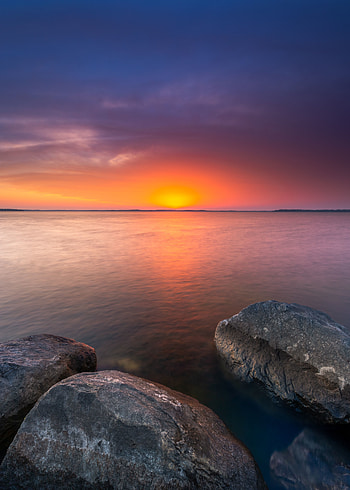 Coast, sunset, rocks, sea, nature HD phone wallpaper