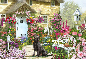 Cottage Garden, flowers, windows, door, dog, painting, blossoms HD wallpaper