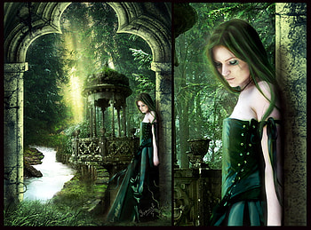 Goth in Green, artwork, fantasy, arch, trees, female, stream HD wallpaper