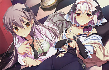 Mangaka, brown eyes, head band, gray hair, long hair, unidorm, school, blush, 2girls, bra HD wallpaper