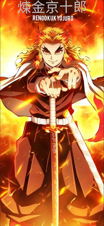 Rengoku, orange, sword, demon slayer, fire, hashira, kyojuro, flame, anime HD phone wallpaper