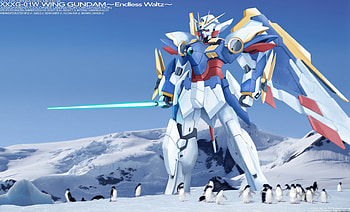 of Wing Gundam hanging out with some Penguins HD wallpaper