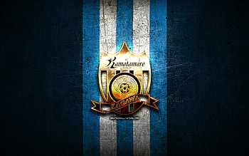 Kamatamare Sanuki FC, golden logo, J3 League, blue metal background, football, japanese football club, Kamatamare Sanuki FC logo, FC Kamatamare Sanuki HD wallpaper