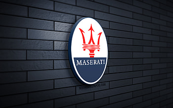 Maserati 3D logo, , gray brickwall, creative, cars brands, Maserati logo, 3D art, Maserati HD wallpaper